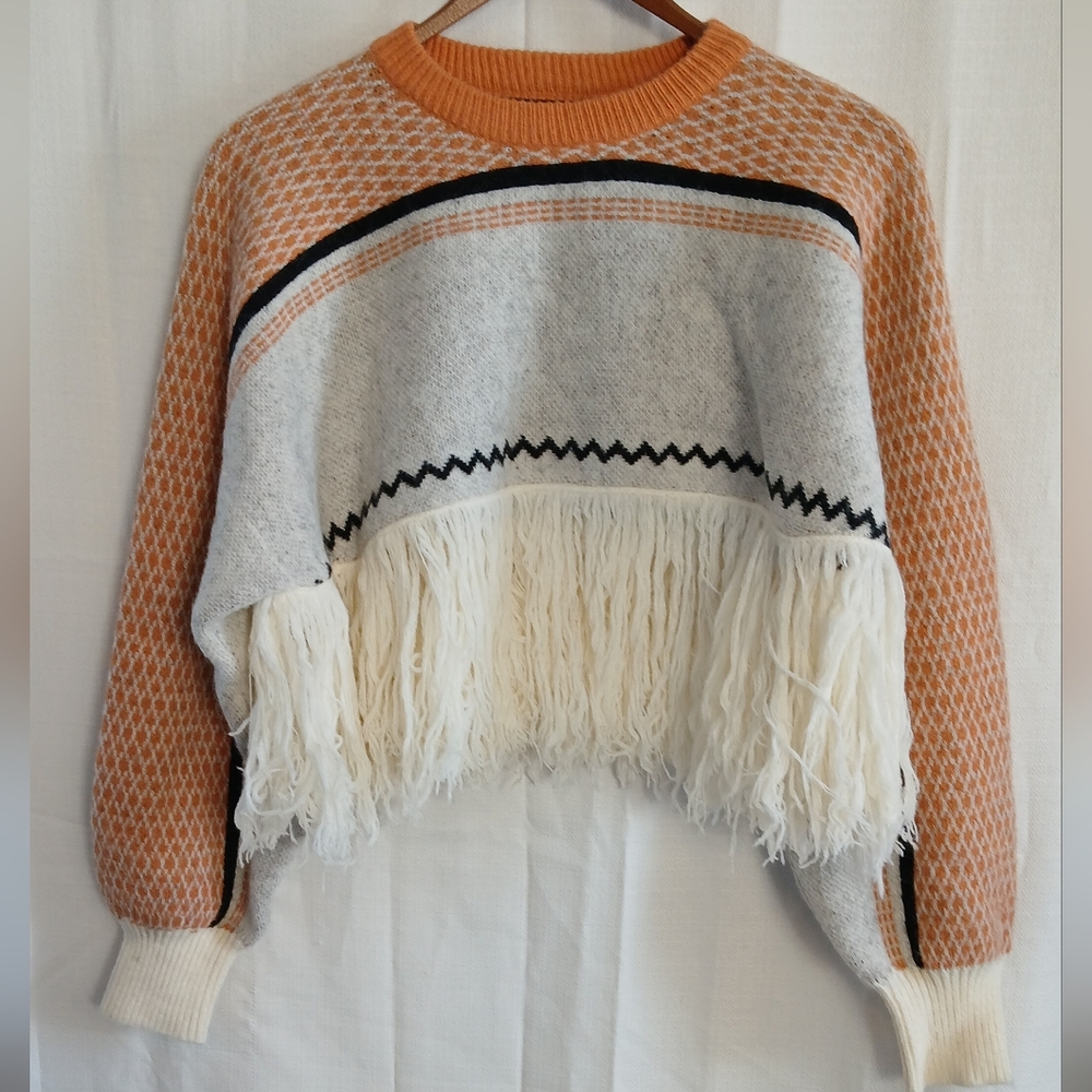 Cider Orange and White Fringed Sweater